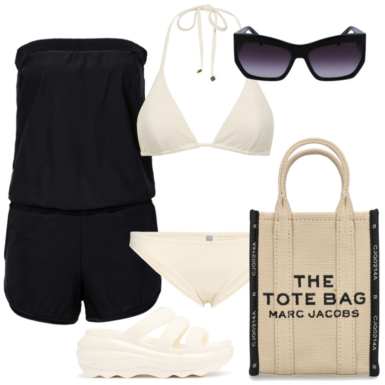 Outfit donna - Vacanze al mare. Stile Minimal per Mare. Abbinamento con tute, bikini, occhiali da sole, bikini, ciabatte, borse tote.