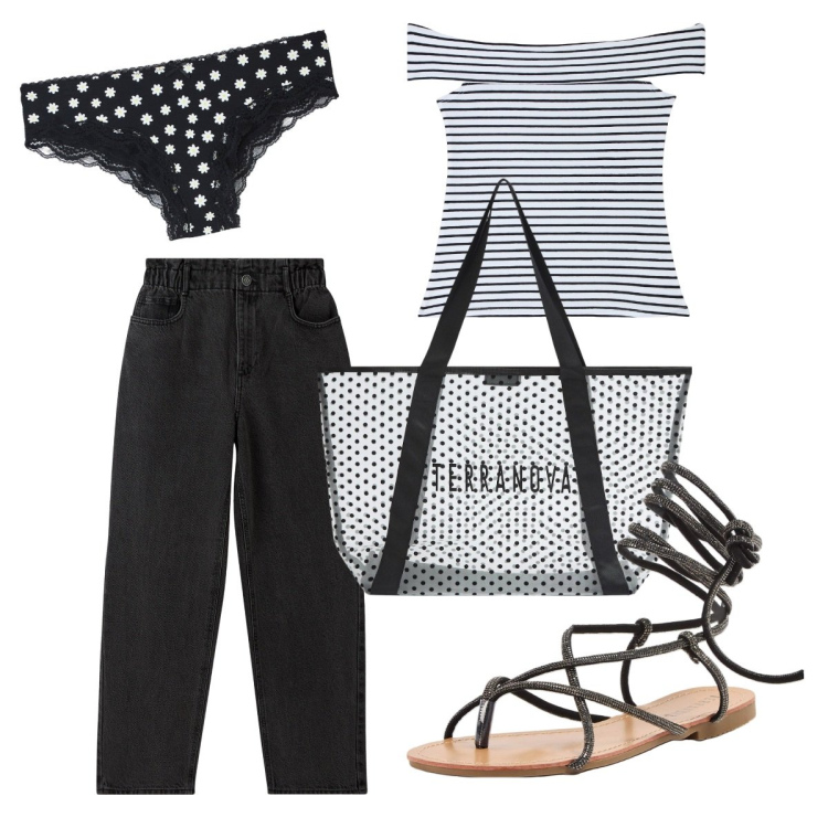 Outfit donna - Total look #1929108. Stile Basic per Tutti i giorni. Abbinamento con jeans, top, culotte, shopping bag, sandali alla schiava.