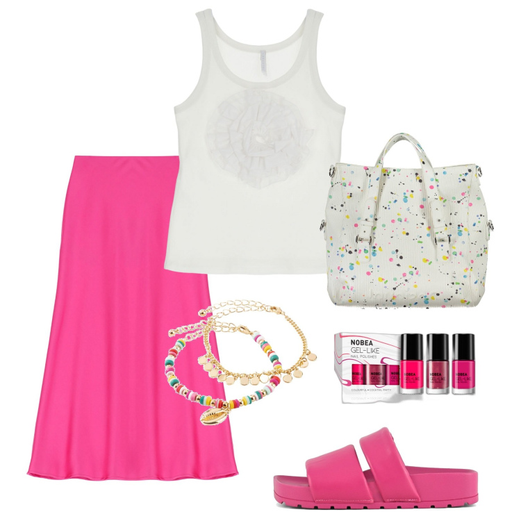 Outfit donna - Giornata al mare!!!. Stile Minimal per Mare. Abbinamento con braccialetti con ciondoli, smalti, top, gonne longuette, borse a spalla, ciabatte.