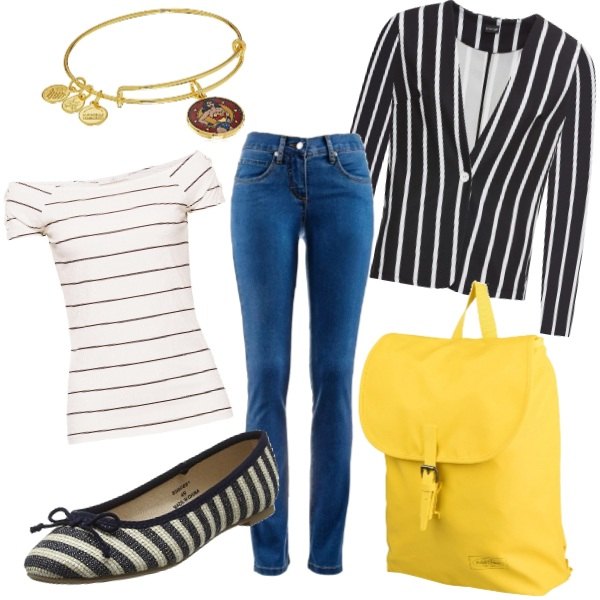 Outfit donna - Wonder mum. Stile Basic per Tutti i giorni. Abbinamento con jeans dritti, blazer jersey nero, borsa, bracciale con charm in ottone oro, ballerine con pattern blu, t-shirt bianco.