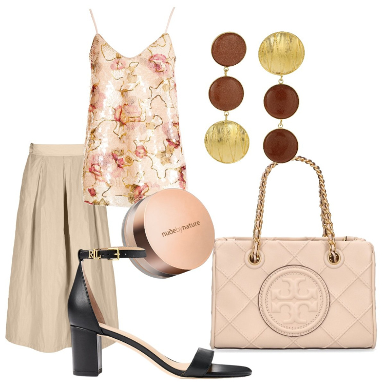 Outfit donna - La gonna color sabbia. Stile Bon Ton per Serata fuori. Abbinamento con ciprie, top, sandali in pelle, gonne, orecchini, borse a spalla.