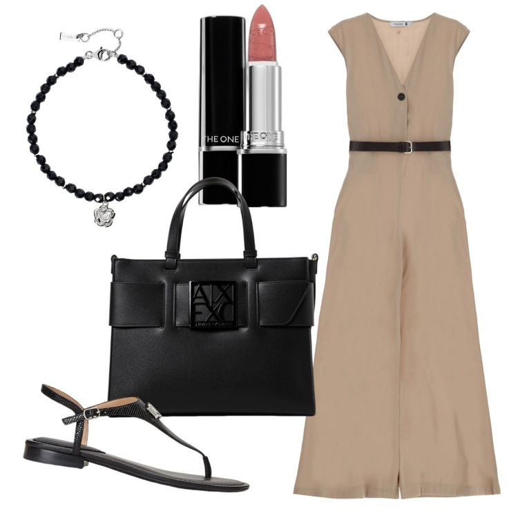 Outfit donna - Sabbia minimal. Stile Minimal per Ufficio. Abbinamento con rossetti, braccialetti, tute, sandali in pelle, borse a mano.