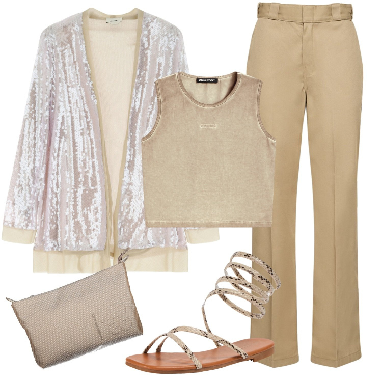 Outfit donna - Glitter e sabbia. Stile Casual chic per Serata fuori. Abbinamento con sandali, top, blazer, pantaloni, pochette.