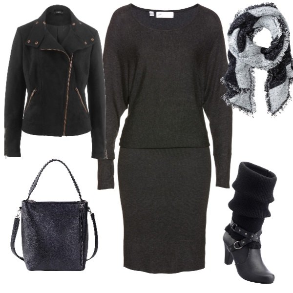 Outfit donna - Total black. per Tutti i giorni. Abbinamento con stivali, vestito in in maglia, giubbotto effetto scamosciato in pelle sintetica, sciarpa nero, borsa a tracolla con manico forma intrecciata nero.