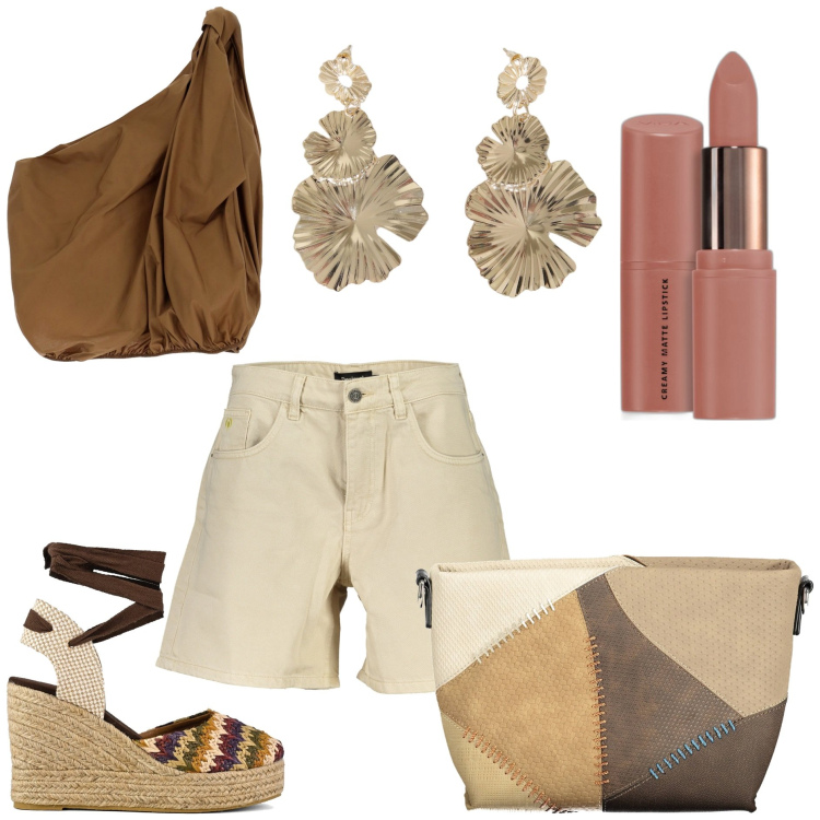 Outfit donna - Sabbia. Stile Trendy per Tutti i giorni. Abbinamento con rossetti, top, orecchini, borse a tracolla, jeans, sandali col tacco.