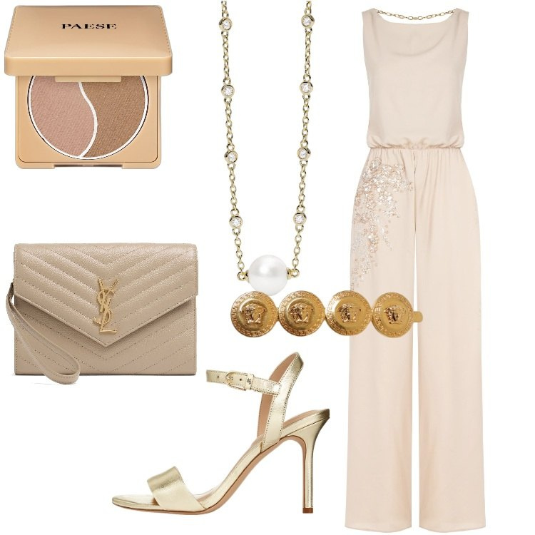Outfit donna - Color sabbia per agosto. Stile Chic per Serata fuori. Abbinamento con terre, collane, tute, sandali in pelle, pochette, accessori per capelli.