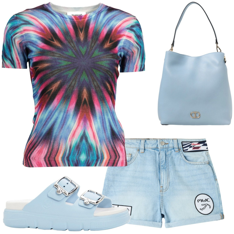 Outfit donna - Starry night. Stile Basic per Serata fuori. Abbinamento con ciabatte, shorts, maglieria, borse a spalla.