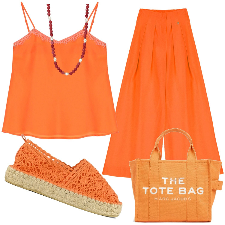 Outfit donna - Tramonto. Stile Casual per Serata fuori. Abbinamento con collane, top, pantaloni a palazzo, espadrillas, borse tote.