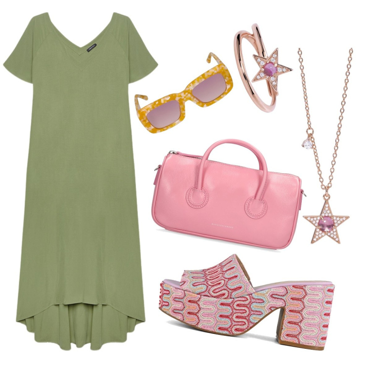 Outfit donna - Lungo con stile. Stile Casual chic per Tutti i giorni. Abbinamento con anelli, collane, sabot, vestiti lunghi, occhiali da sole, borse a mano.