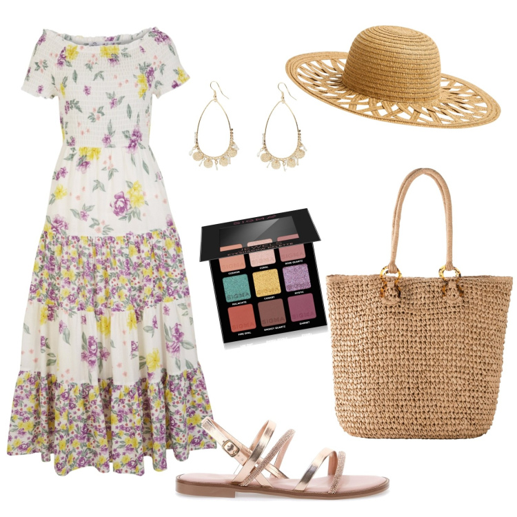 Outfit donna - Girovagando tra calli e campi a Venezia. Stile Boho per Tutti i giorni. Abbinamento con vestiti, shopping bag, ombretti, cappelli, orecchini, sandali.