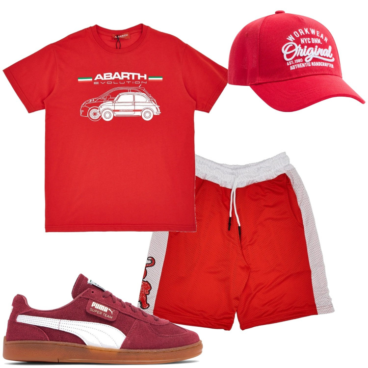Outfit uomo - Total red. Stile Casual per Mare. Abbinamento con cappelli, t-shirt, sneakers, pantaloni.