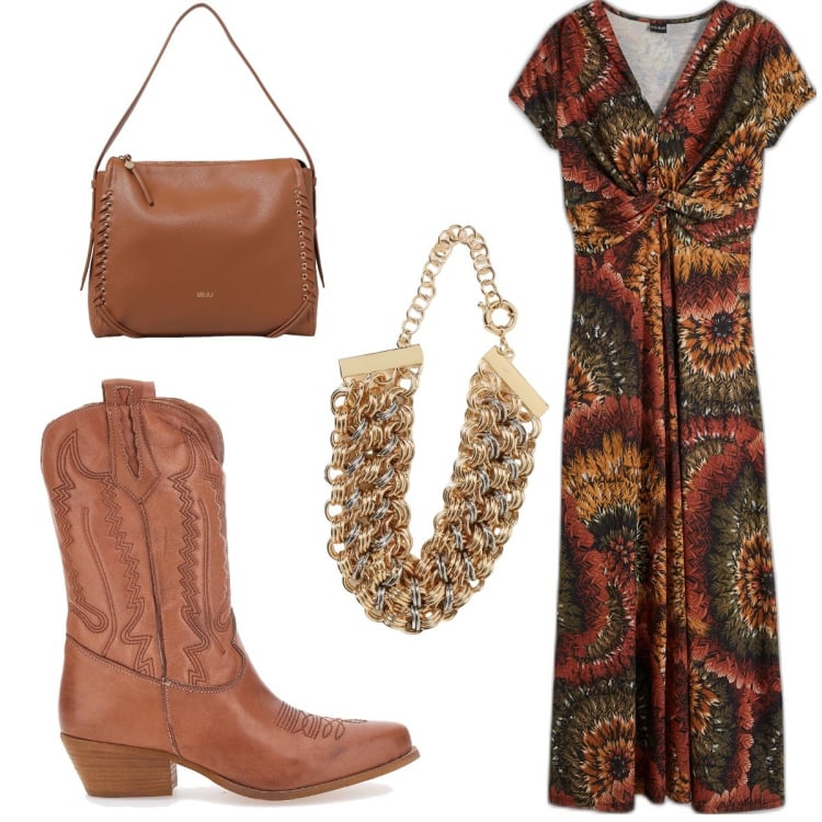 Outfit donna - Eleganza rustica: il fascino dell’Ovest. Stile Boho per Serata fuori. Abbinamento con vestiti lunghi, borse a spalla, stivali, collane.