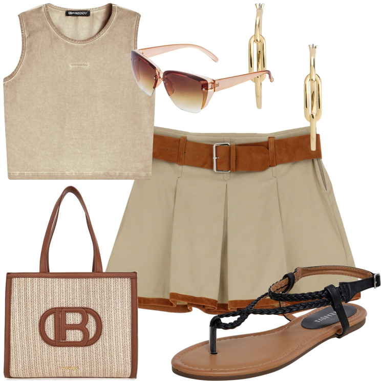 Outfit donna - Agosto color sabbia. Stile Casual chic per Tutti i giorni. Abbinamento con occhiali da sole, ciabatte, top, minigonne, orecchini, borse a spalla.