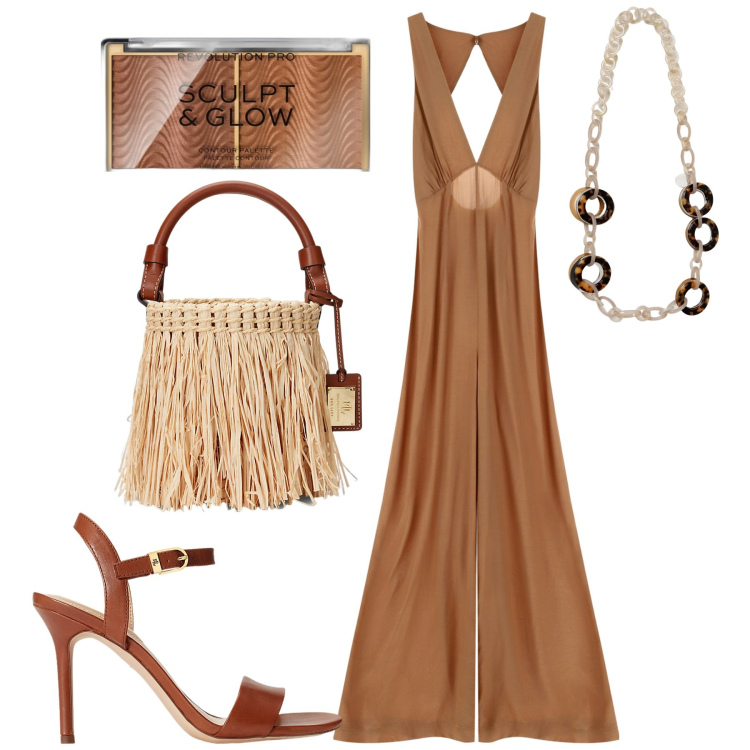 Outfit donna - Serata al mare. Stile Glamour per Serata fuori. Abbinamento con blush, tute, borse a secchiello, sandali in pelle, collane.