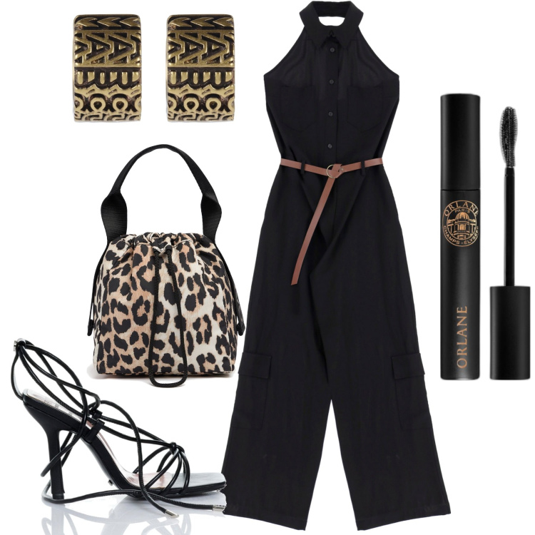 Outfit donna - La tuta nera versatile. Stile Casual chic per Serata fuori. Abbinamento con mascara, tute, sandali alla schiava, borse a mano, orecchini.