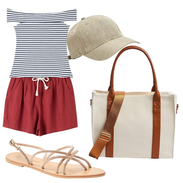 Outfit donna - Io a bordo piscina. Stile Casual chic per Mare. Abbinamento con shorts, sandali, top, shopping bag, cappelli.
