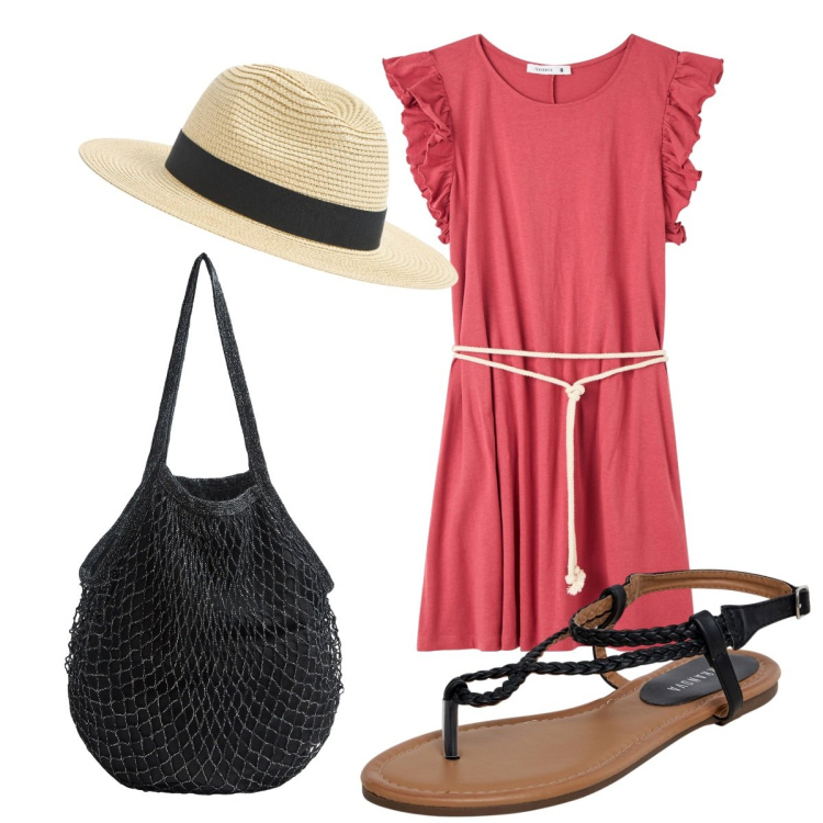 Outfit donna - Appartamento in piazzetta. Stile Boho per Mare. Abbinamento con ciabatte, cappelli, vestiti, borse a tracolla.