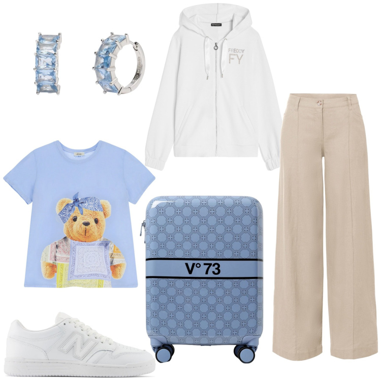 Outfit donna - In aeroporto verso le grandi città. Stile Casual per Tutti i giorni. Abbinamento con pantaloni a palazzo, orecchini, sneakers, felpe con cappuccio, t-shirt, valigie.