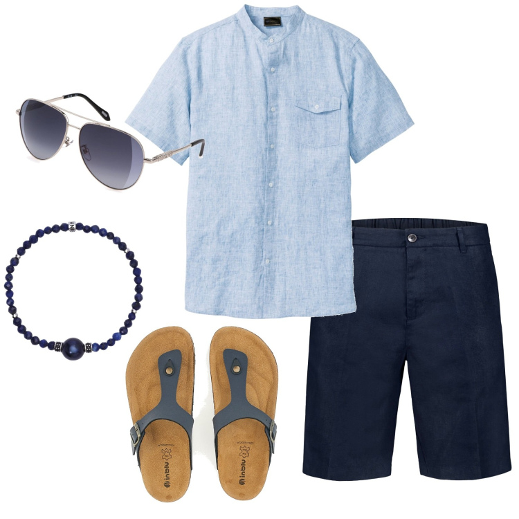 Outfit uomo - Aperitivo sul lungomare. Stile Trendy per Serata speciale. Abbinamento con camicie a manica corta, braccialetti, bermuda, sandali, occhiali da sole.