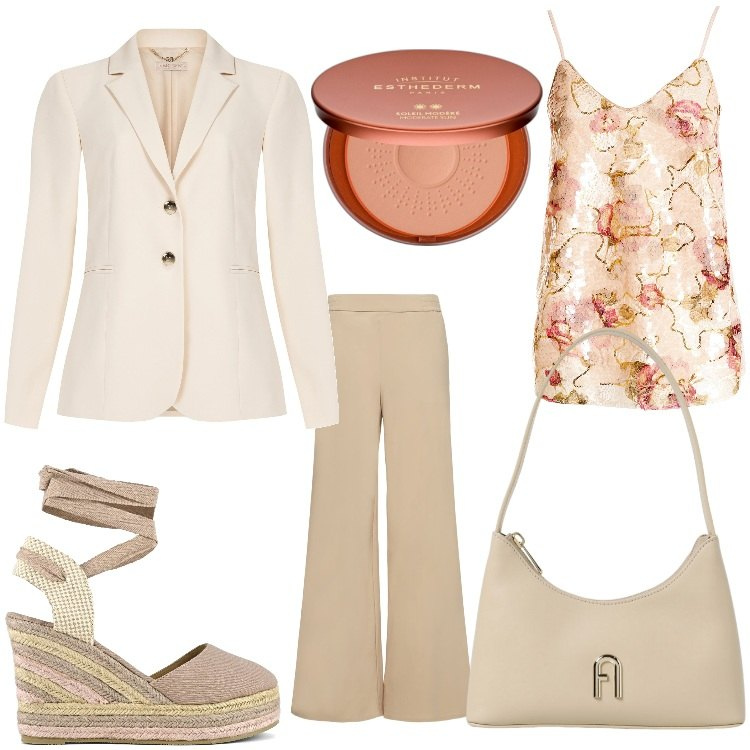 Outfit donna - Fiori sulla sabbia. Stile Casual chic per Ufficio. Abbinamento con terre, blazer, top, pantaloni, borse a spalla, espadrillas.