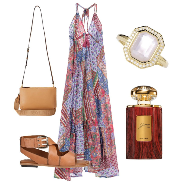 Outfit donna - Notte di San Lorenzo al mare. Stile Boho per Mare. Abbinamento con infradito, profumi, anelli, borse a tracolla, vestiti lunghi.
