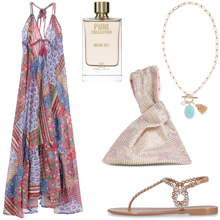 Outfit donna - Catch the Stars. Stile Boho per Serata fuori. Abbinamento con profumi, vestiti lunghi, collane, sandali, borse a mano.