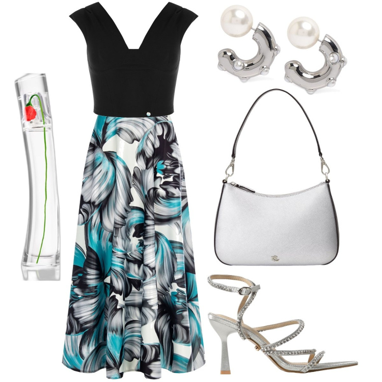 Outfit donna - Raso con i fiori. Stile Bon Ton per Cerimonia. Abbinamento con profumi, gonne lunghe, top, borse a tracolla, orecchini, sandali col tacco.