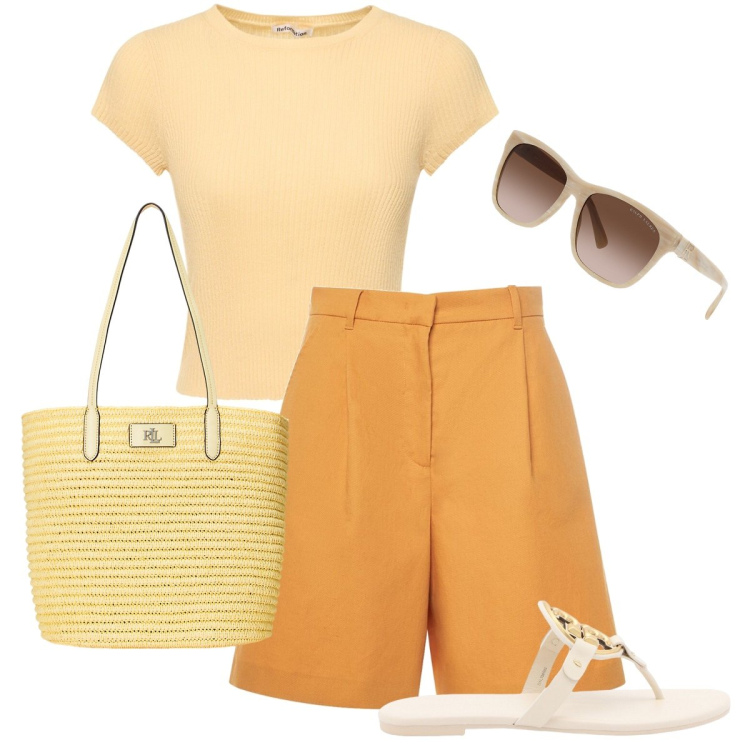 Outfit donna - Toni arancioni. Stile Vintage retrò per Mare. Abbinamento con occhiali da sole, borse tote, maglieria, shorts, ciabatte.