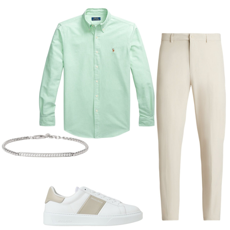 Outfit uomo - La camicia verde acqua. Stile Trendy per Serata speciale. Abbinamento con braccialetti, camicie, pantaloni, sneakers.