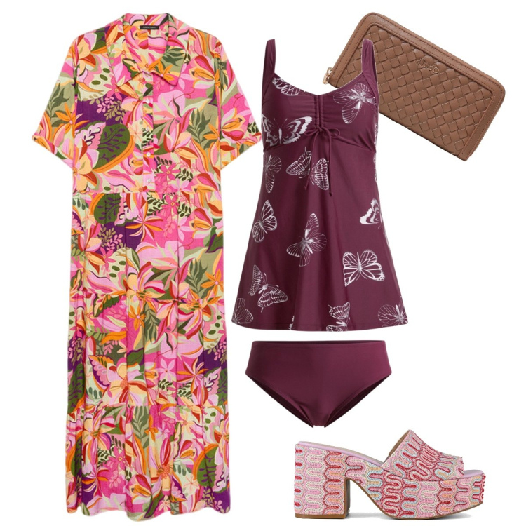 Outfit donna - Fantasie miste in spiaggia. Stile Trendy per Mare. Abbinamento con costumi interi, sabot, vestiti lunghi, portafogli.