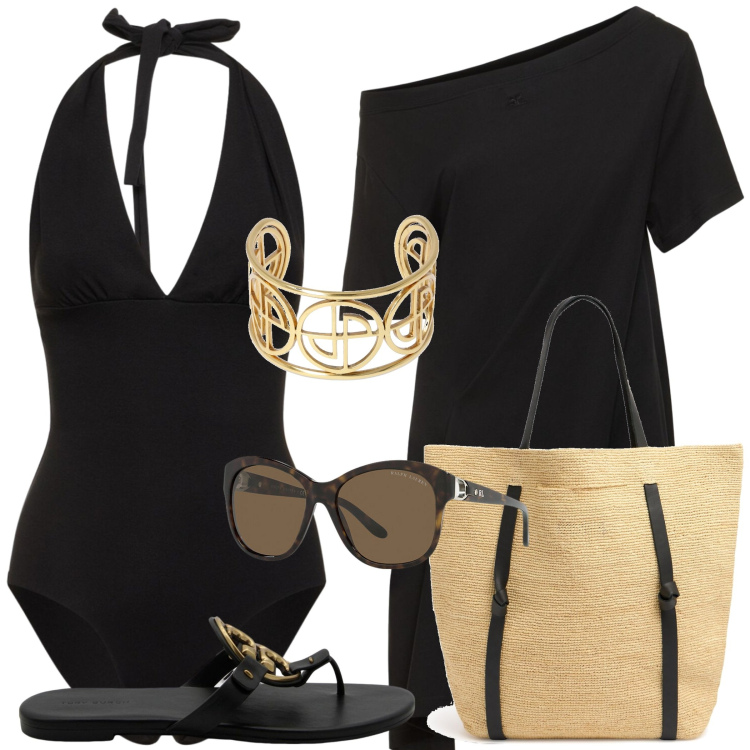 Outfit donna - Curvy al mare come una diva. Stile Casual chic per Mare. Abbinamento con occhiali da sole, vestiti, costumi interi, braccialetti, ciabatte, shopping bag.