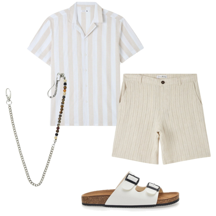 Outfit uomo - Serate estive. Stile Casual per Serata speciale. Abbinamento con camicie a manica corta, shorts, collane, sandali.