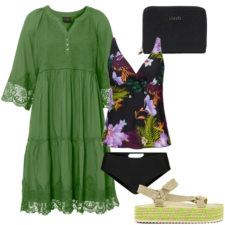 Outfit donna - Lo stile in spiaggia. Stile Etnico per Mare. Abbinamento con vestiti chemisier, costumi interi, sandali, portafogli.