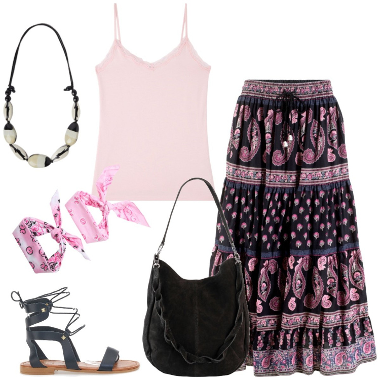 Outfit donna - Total look #1929353. Stile Boho per Tutti i giorni. Abbinamento con gonne lunghe, borse a mano, fasce per capelli, canottiere, sandali in pelle, collane.