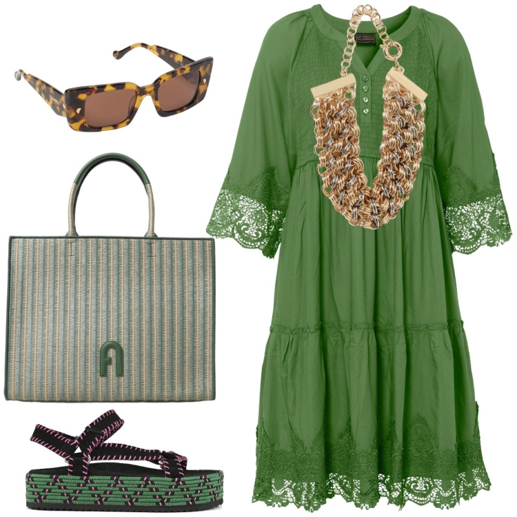 Outfit donna - Total look #1929359. Stile Boho per Tutti i giorni. Abbinamento con vestiti chemisier, collane, sandali, occhiali da sole, borse tote.