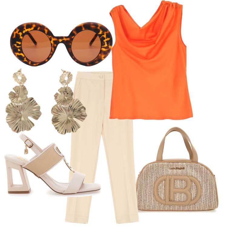 Outfit donna - Arancio e sabbia. Stile Chic per Ufficio. Abbinamento con canottiere, pantaloni, orecchini, occhiali da sole, sandali col tacco, borse a mano.