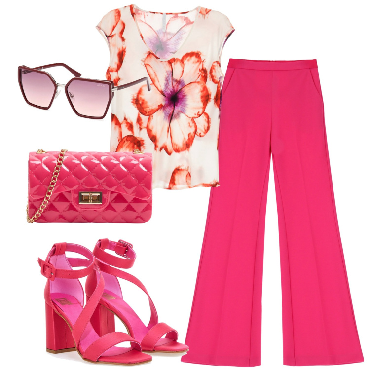 Outfit donna - Serata. Stile Trendy per Serata fuori. Abbinamento con borse a tracolla, canottiere, pantaloni, sandali col tacco, occhiali da sole.