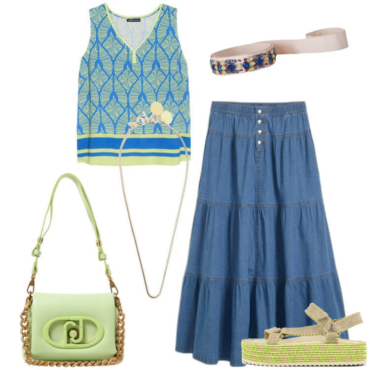 Outfit donna - Total look #1929364. Stile Boho per Tutti i giorni. Abbinamento con gonne, sandali, top, borse a spalla, collane, cinture.