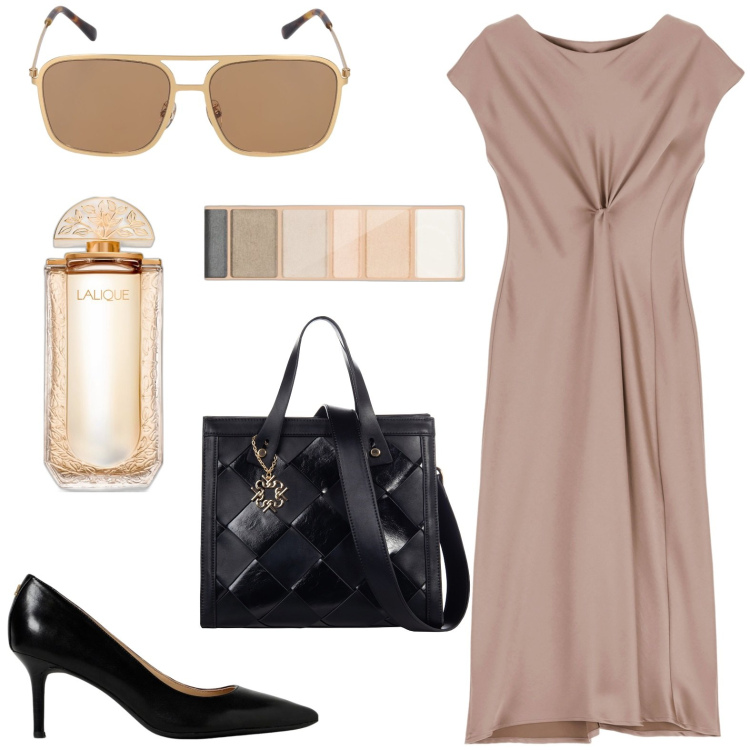 Outfit donna - Color sabbia - vestito lungo. Stile Basic per Tutti i giorni. look ideale per Petite. Abbinamento con profumi, ombretti, borse a mano, vestiti midi/longuette, occhiali da sole, décolleté.