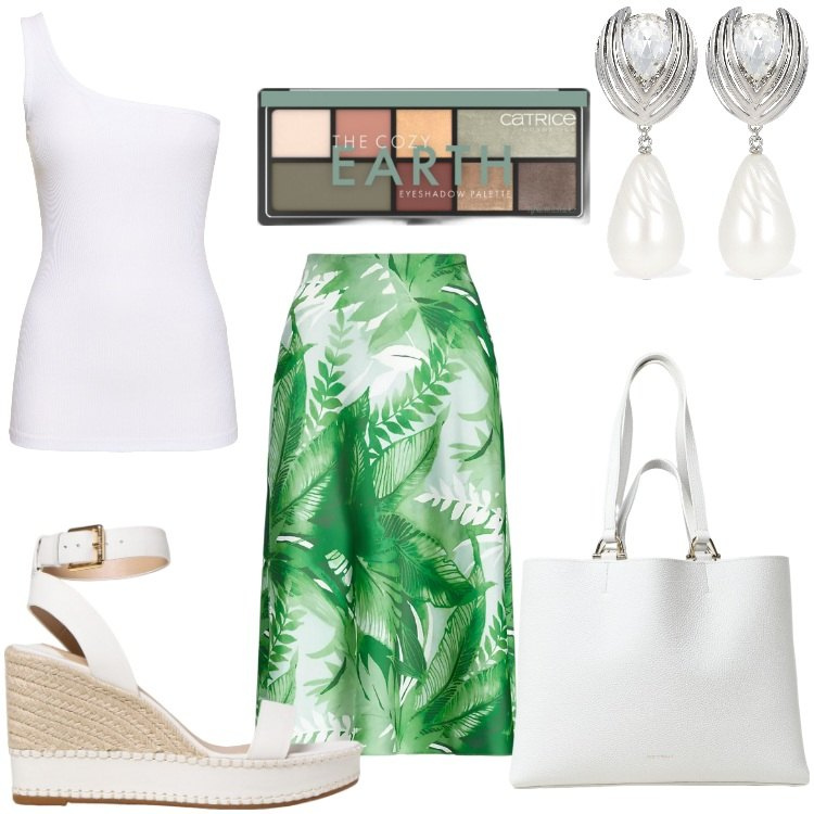 Outfit donna - Rio. Stile Casual chic per Serata fuori. Abbinamento con ombretti, gonne, orecchini, top, sandali in pelle, borse tote.