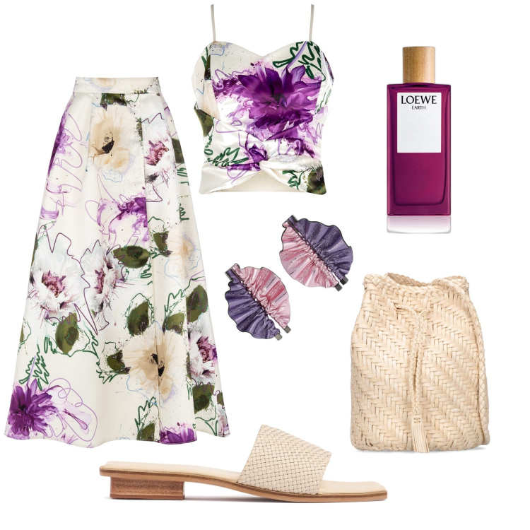 Outfit donna - Raso in una sera d’agosto. Stile Glamour per Serata fuori. Abbinamento con profumi, gonne, top, orecchini, borse a spalla, sandali in pelle.