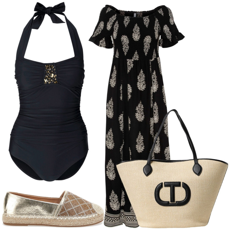 Outfit donna - Stile da spiaggia. Stile Casual chic per Mare. Abbinamento con vestiti, costumi interi, espadrillas, borse tote.