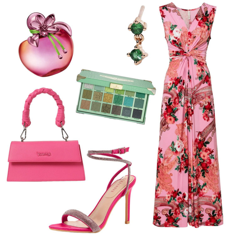 Outfit donna - Summer holiday. Stile Romantica per Serata fuori. Abbinamento con vestiti lunghi, profumi, ombretti, orecchini, sandali col tacco, borse a spalla.