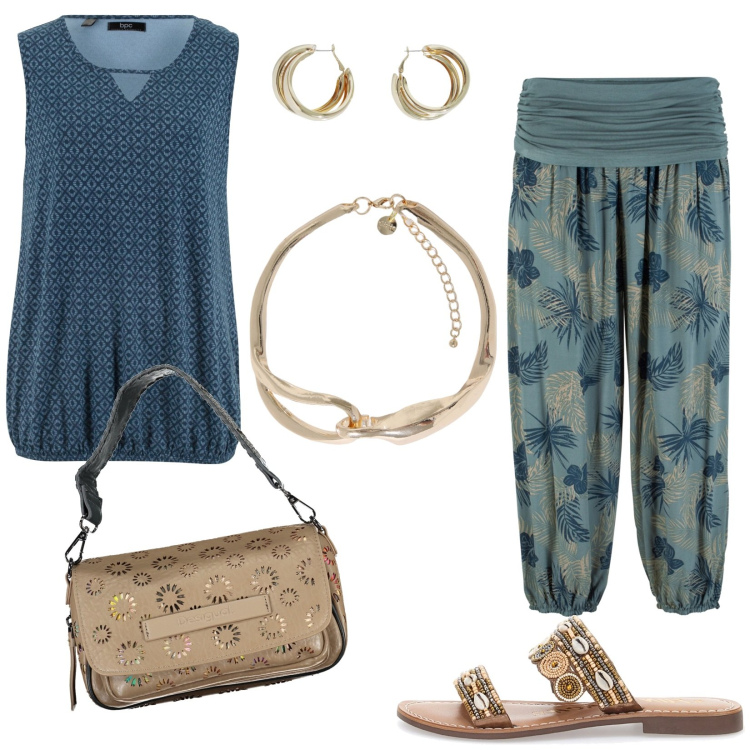 Outfit donna - Odalisca. Stile Etnico per Tutti i giorni. Abbinamento con top, pantaloni, orecchini, collane, ciabatte, borse a spalla.