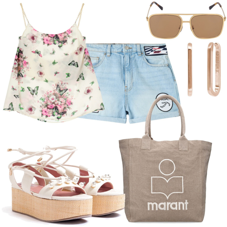 Outfit donna - Fa caldo. Stile Casual per Tutti i giorni. Abbinamento con shorts, orecchini, sandali col tacco, canottiere, shopping bag, occhiali da sole.