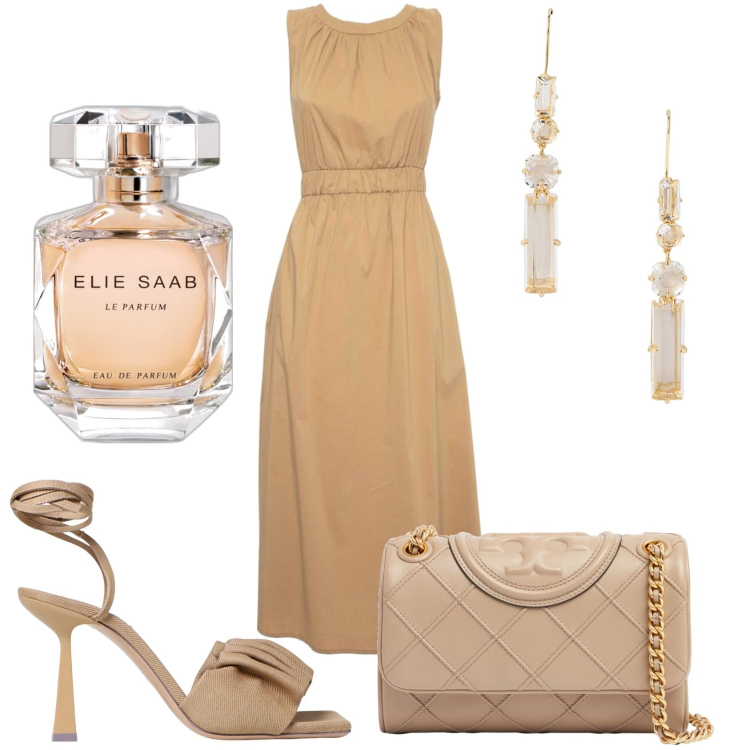 Outfit donna - Cerimonia di mattina. Stile Chic per Cerimonia. Abbinamento con profumi, orecchini, vestiti lunghi, sandali col tacco, borse a spalla.