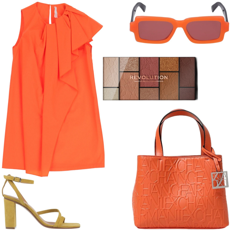 Outfit donna - Sfumature arancio. Stile Trendy per Tutti i giorni. Abbinamento con sandali in pelle, ombretti, vestiti corti, borse a mano, occhiali da sole.