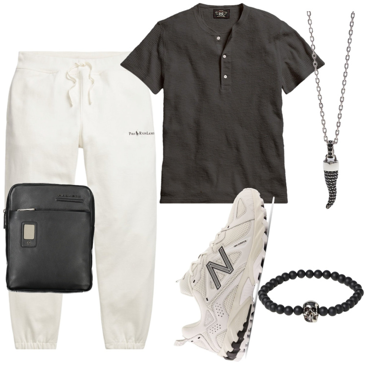 Outfit uomo - Gita in famiglia. Stile Casual per Tutti i giorni. Abbinamento con collane, scarpe sportive, t-shirt, pantaloni, portafogli, braccialetti.
