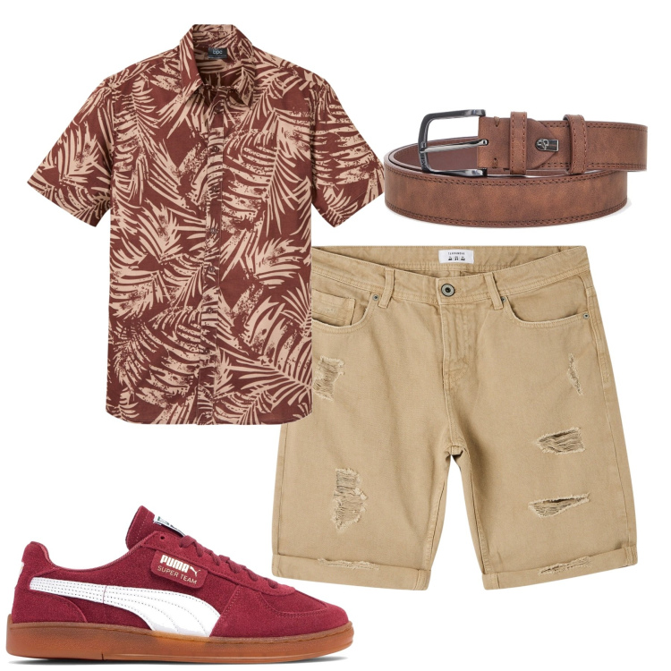 Outfit uomo - Agosto. Stile Urban per Tutti i giorni. Abbinamento con camicie a manica corta, bermuda, cinture, sneakers.