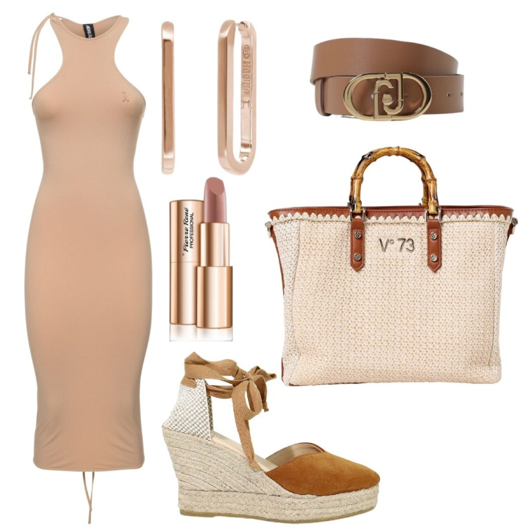 Outfit donna - Un gelato dopo cena. Stile Casual chic per Serata fuori. Abbinamento con rossetti, orecchini, zeppe, borse a mano, vestiti midi/longuette, cinture.
